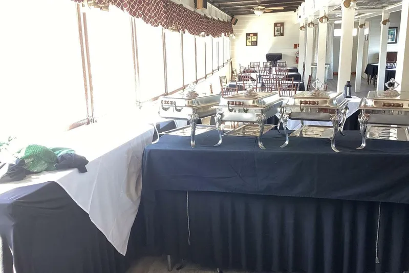 Indian River Queen Yacht Photos Pics Buffet setup with chafing dishes on a Custom Paddle Wheel boat, 1984 model.