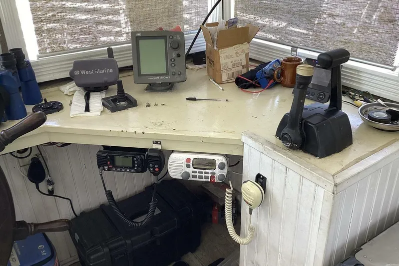 Indian River Queen Yacht Photos Pics Boat control panel with navigation equipment, communication devices, and marine accessories, Custom Paddle Wheel, 1984.