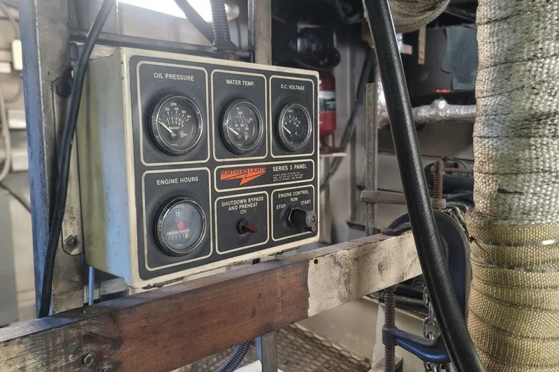 Indian River Queen Yacht Photos Pics Control panel of a 1984 Custom Paddle Wheel boat with gauges and switches.