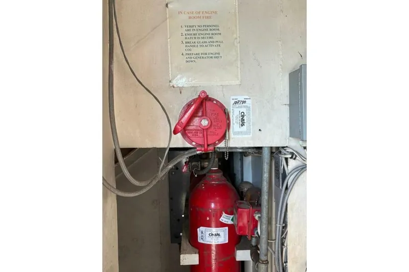 Indian River Queen Yacht Photos Pics Red fire suppression system in engine room, Custom Paddle Wheel, 1984 model.