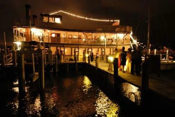 Indian River Queen Yacht Photos Pics Illuminated paddle wheel boat docked at night, Custom model, 1984.