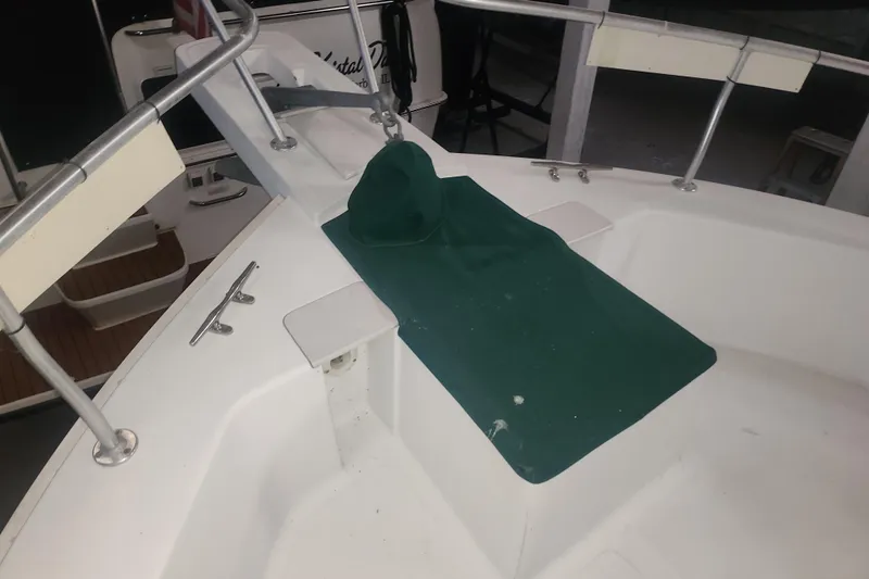 Teddy B Yacht Photos Pics 1997 Mainship 350 Trawler deck with green cover and railing details.