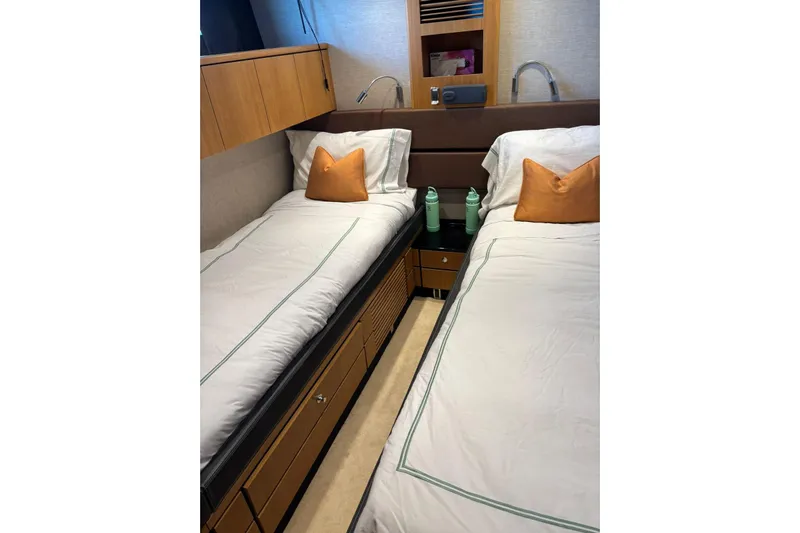 Big Blue Yacht Photos Pics Luxurious twin cabin in 2014 Fairline Squadron 78 Custom yacht.