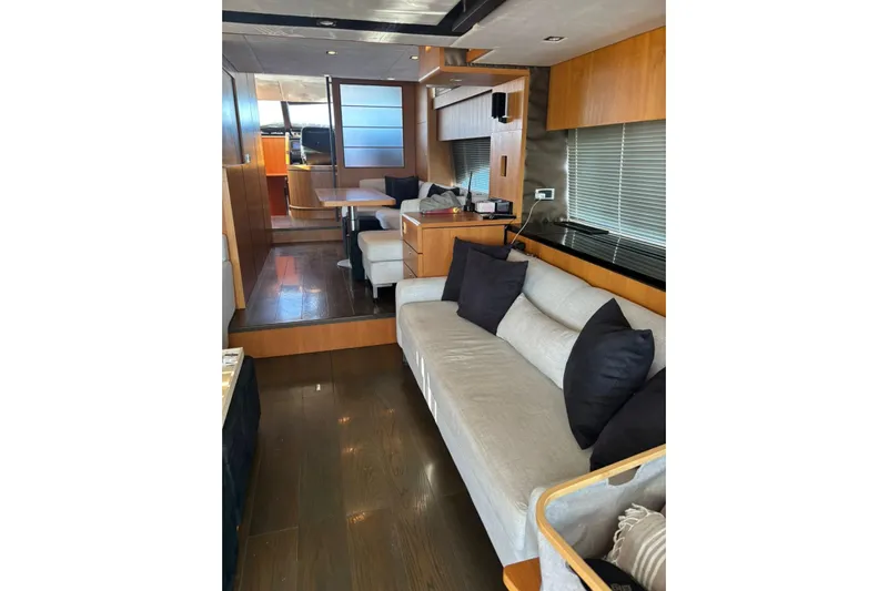 Big Blue Yacht Photos Pics Luxurious interior of 2014 Fairline Squadron 78 Custom yacht with modern furnishings.