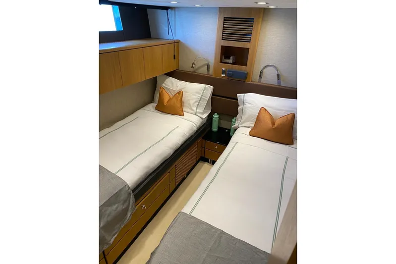 Big Blue Yacht Photos Pics Luxurious twin cabin in 2014 Fairline Squadron 78 Custom yacht.