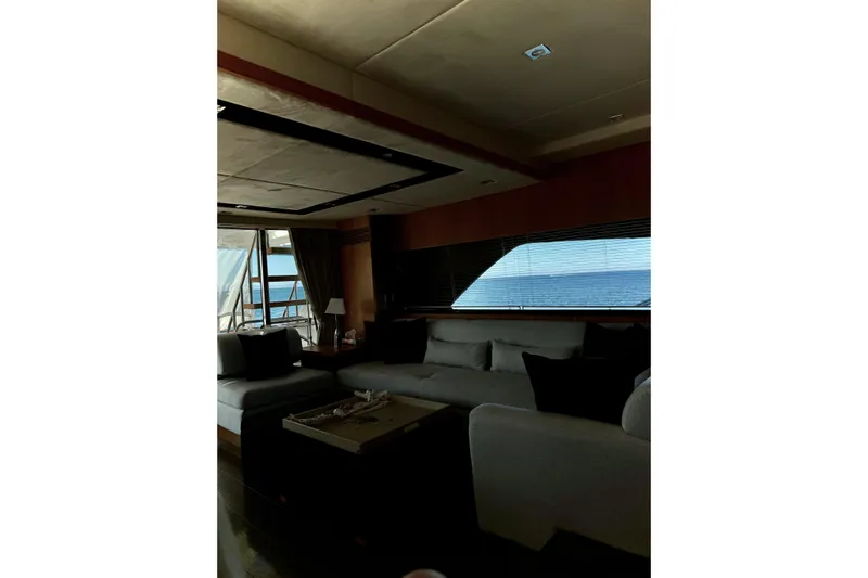 Big Blue Yacht Photos Pics Luxurious interior of 2014 Fairline Squadron 78 Custom yacht with ocean view.