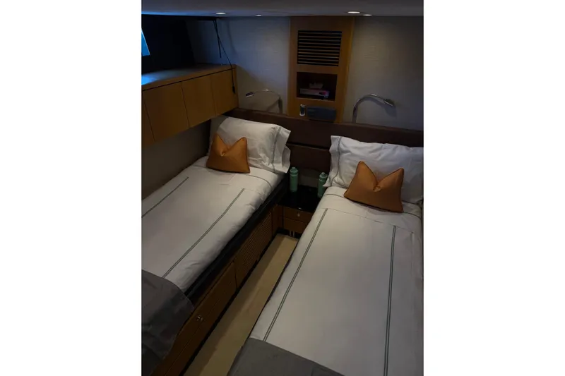 Big Blue Yacht Photos Pics Twin cabin interior of 2014 Fairline Squadron 78 Custom yacht, featuring modern design.
