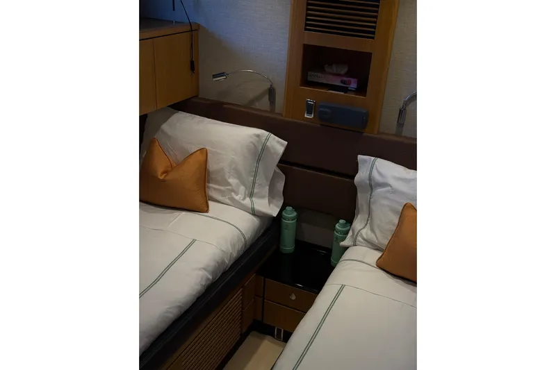 Big Blue Yacht Photos Pics Luxurious twin cabin interior on 2014 Fairline Squadron 78 Custom yacht.