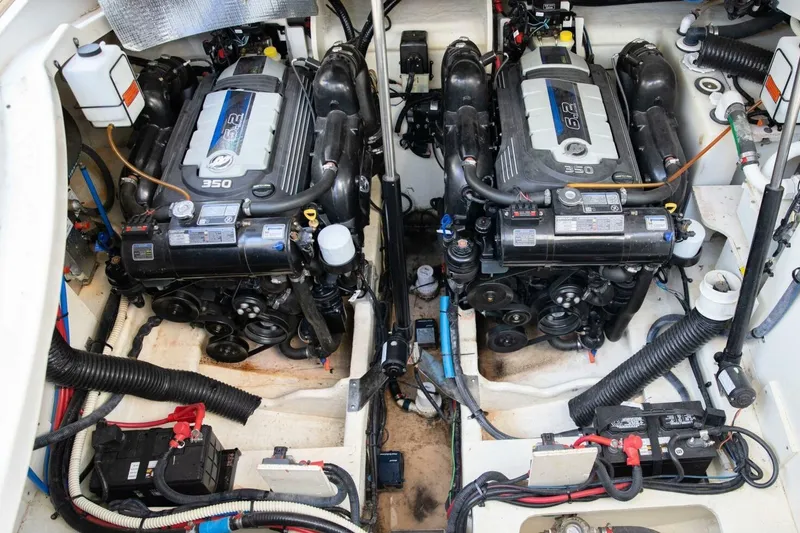  Yacht Photos Pics Engine room of a 2016 Sea Ray 350 Sundancer with dual engines.