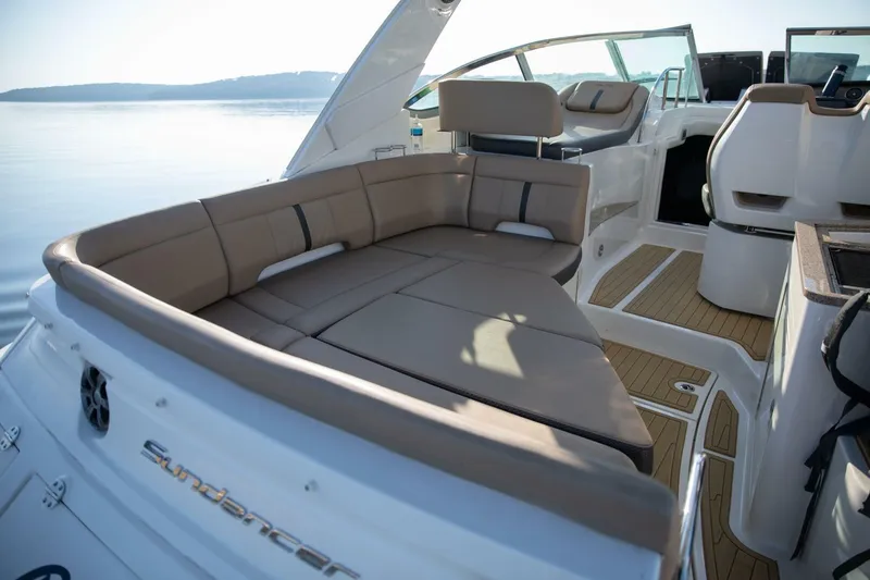  Yacht Photos Pics 2016 Sea Ray 350 Sundancer boat interior with luxurious seating and sleek design.