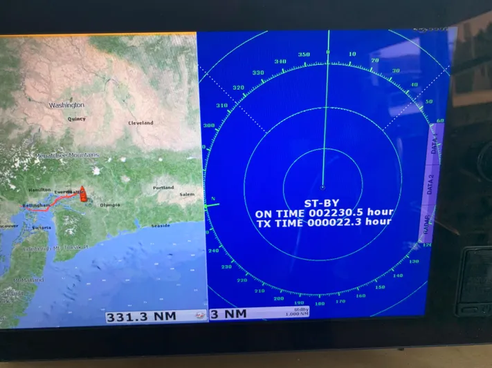  Yacht Photos Pics Navigation screen on a 1955 Tugboat L-T 100 Steel Army Tug, showing radar and map.
