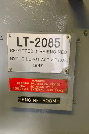  Yacht Photos Pics 1955 Tugboat L-T 100 Steel Army Tug, refitted in 1997, engine room warning signs.
