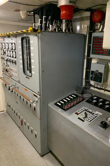  Yacht Photos Pics Control room of 1955 Tugboat L-T 100 Steel Army Tug with gauges and switches.