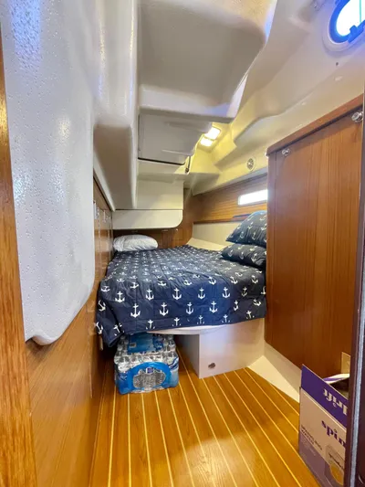  Yacht Photos Pics Cozy cabin interior of 2017 Catalina 425 sailboat with anchor-themed bedding.