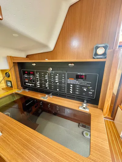  Yacht Photos Pics Control panel of a 2017 Catalina 425 yacht, featuring various switches and indicators.