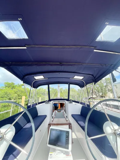  Yacht Photos Pics Interior view of 2017 Catalina 425 sailboat cockpit with dual steering wheels.