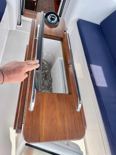  Yacht Photos Pics 2017 Catalina 425 yacht interior with wooden hatch and blue seating.