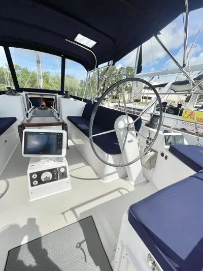  Yacht Photos Pics 2017 Catalina 425 sailboat cockpit with navigation equipment and blue seating.