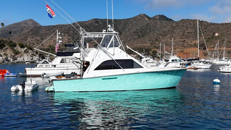 Aqua Ma'am Yacht Photos Pics 1986 Ocean Yachts 38 Super Sport in a scenic marina setting.