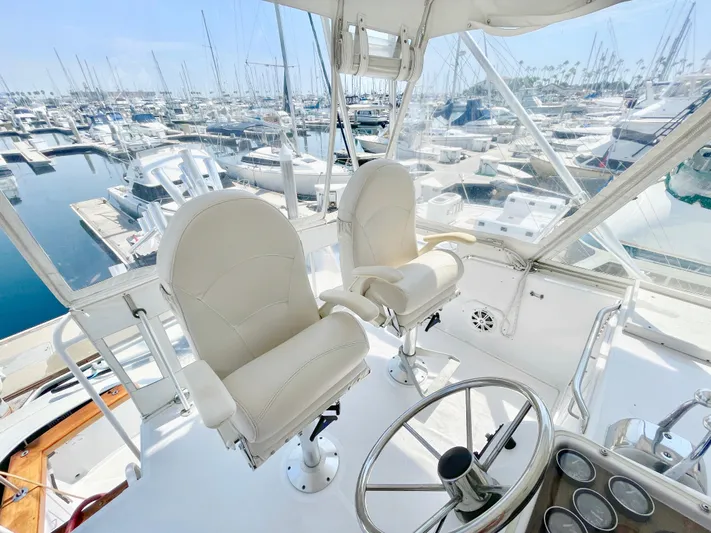 Aqua Ma'am Yacht Photos Pics Flybridge of 1986 Ocean Yachts 38 Super Sport with marina view.