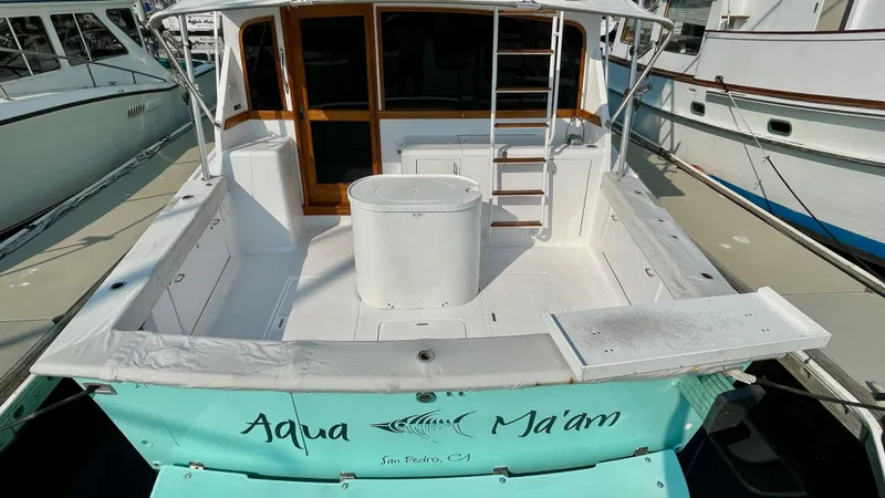 Aqua Ma'am Yacht Photos Pics 1986 Ocean Yachts 38 Super Sport boat docked, featuring spacious deck and ladder.