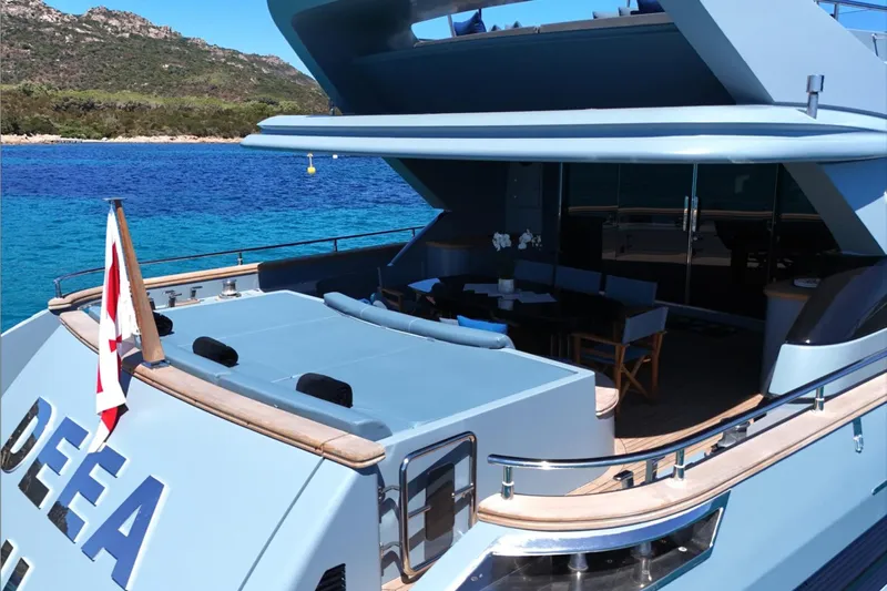 Deea II Yacht Photos Pics Luxurious 2009 Cerri Cantieri Navali 102 yacht with spacious deck and stunning ocean view.