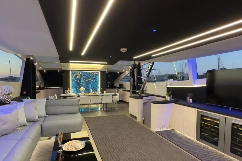 Deea II Yacht Photos Pics Luxurious interior of 2009 Cerri Cantieri Navali 102 yacht with modern decor and ambient lighting.