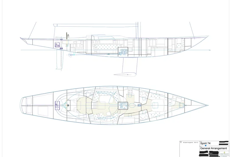 Spirit Of Galatea Yacht Photos Pics Blueprint of 2014 Spirit Yachts R74, showcasing detailed yacht layout and design.