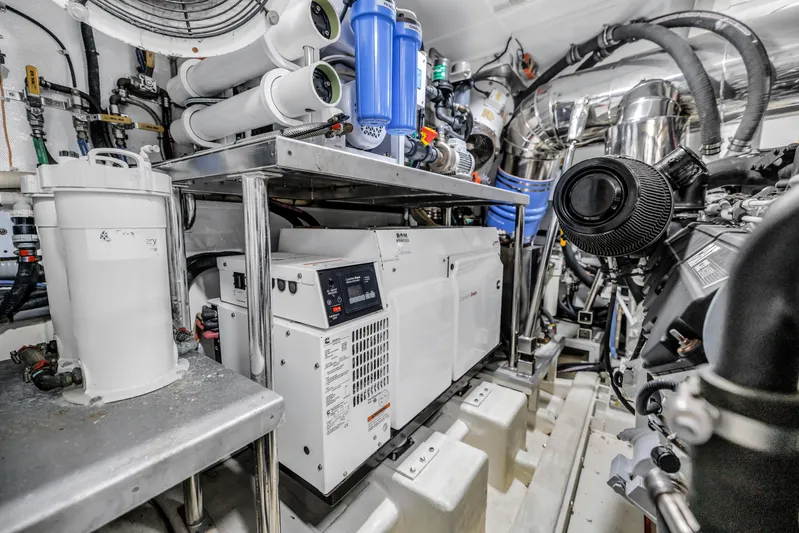 Encore Yacht Photos Pics Engine room of 2015 Horizon E88 yacht with advanced machinery and filtration systems.