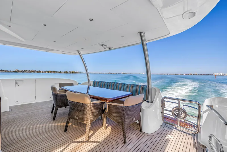 Encore Yacht Photos Pics Luxury Horizon E88 yacht deck with dining area, ocean view, and sleek design, 2015 model.