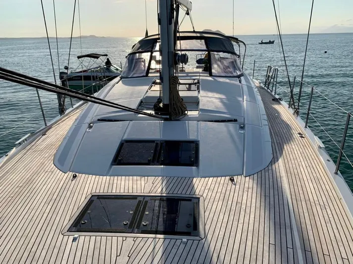  Yacht Photos Pics 2021 Jeanneau 64 yacht with sleek deck design on calm sea.