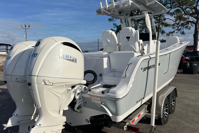  Yacht Photos Pics 2026 Sportsman Heritage 261 Center Console boat with Yamaha engines on a trailer.