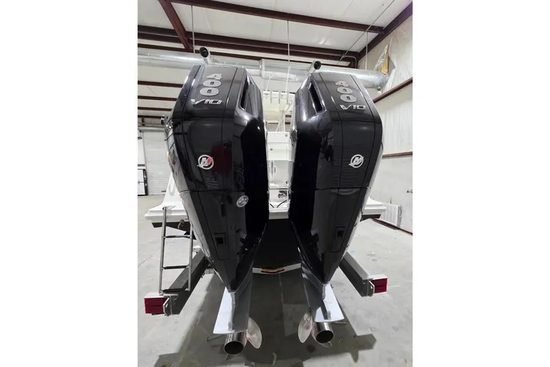  Yacht Photos Pics 2019 SeaVee 320B boat with dual 400 V10 outboard engines in a warehouse.