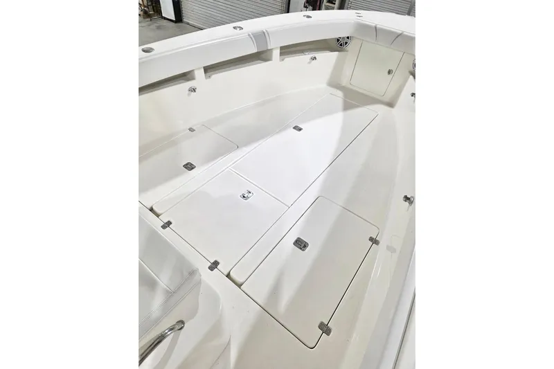  Yacht Photos Pics 2019 SeaVee 320B boat deck with storage compartments, white finish.