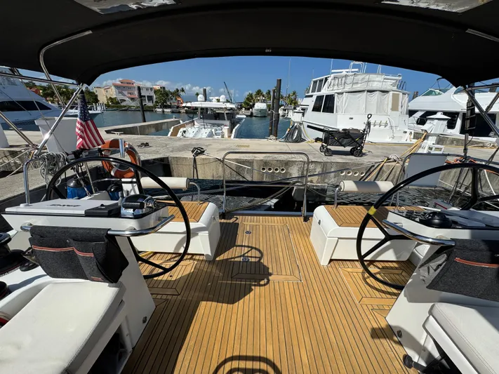 Wildflower Yacht Photos Pics Cockpit view of 2021 Beneteau Oceanis Yacht 54, docked with dual steering wheels.