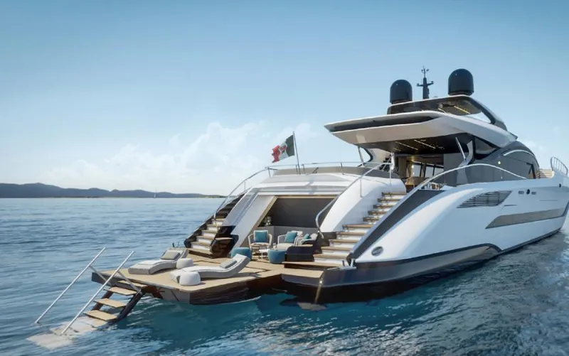  Yacht Photos Pics Luxurious 2022 Mangusta 165 REV yacht on serene ocean waters.