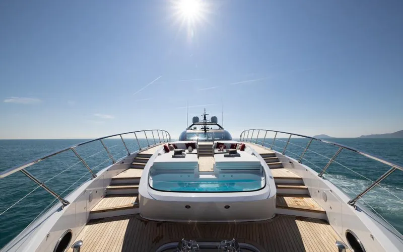  Yacht Photos Pics Luxurious 2022 Mangusta 165 REV yacht with sunlit deck and ocean view.