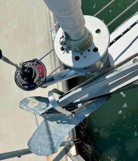 Valanta Yacht Photos Pics Hanse 400 sailboat anchor and rigging detail, 2007 model, docked at marina.