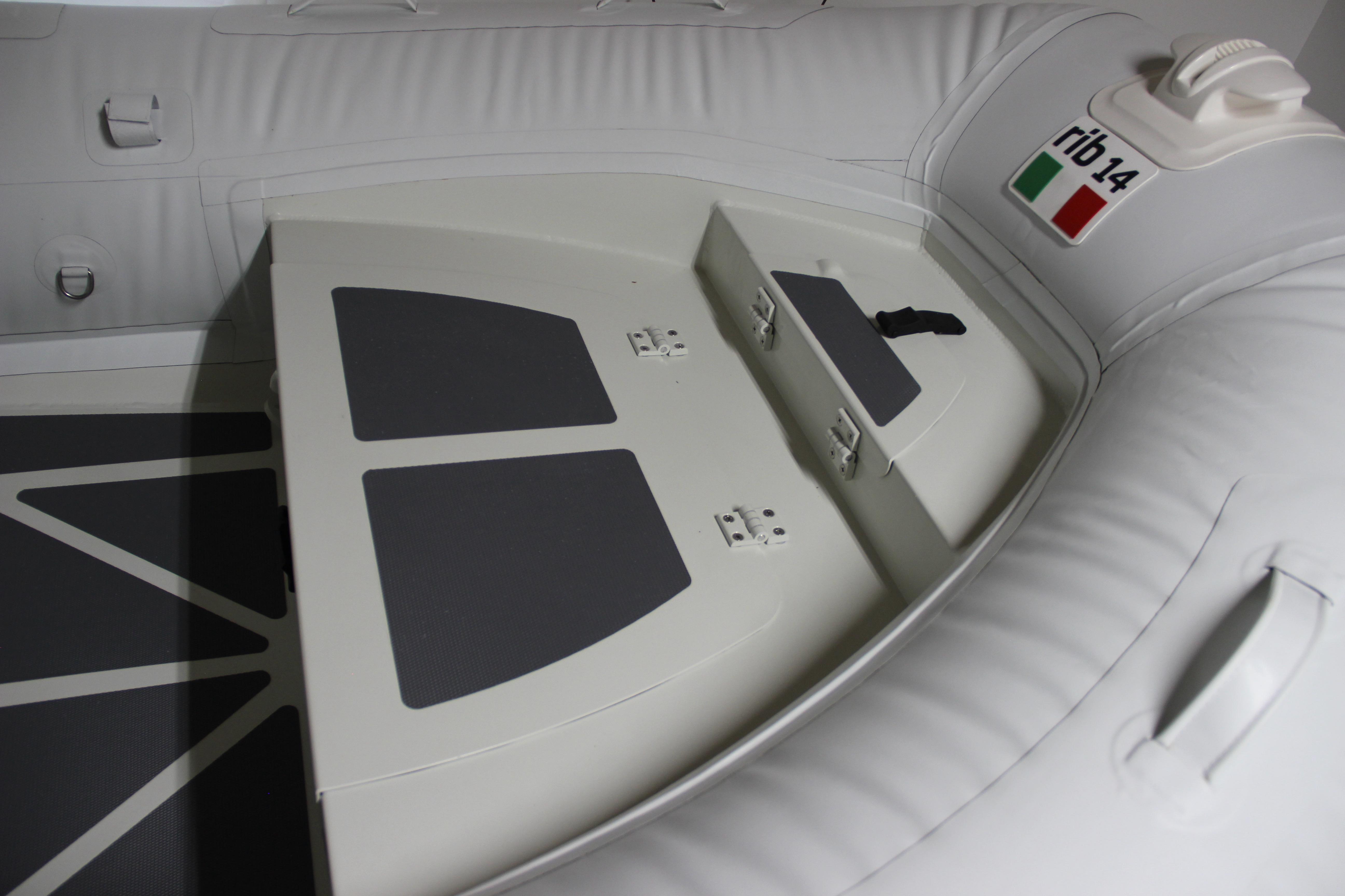 2022 ZAR Mini RIB 14 HDL inflatable boat interior with storage compartments.