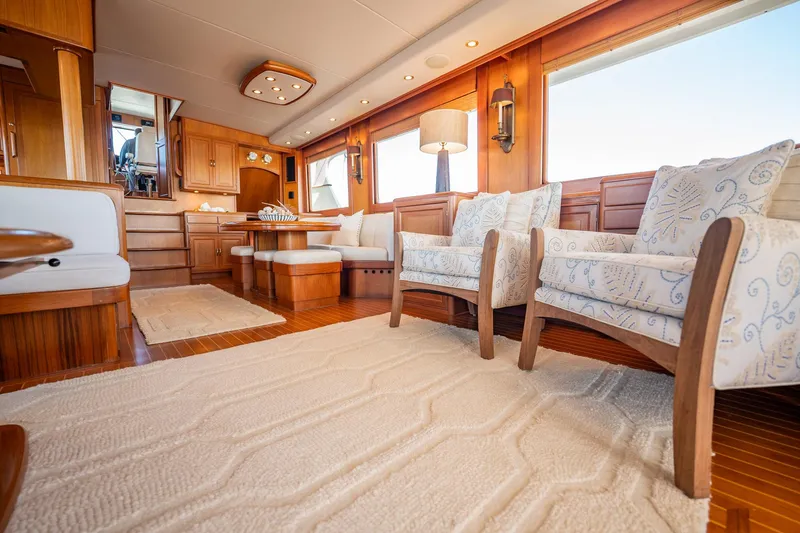 Beba Yacht Photos Pics Luxurious interior of a 2003 Fleming 75 yacht with elegant wood finishes and plush seating.