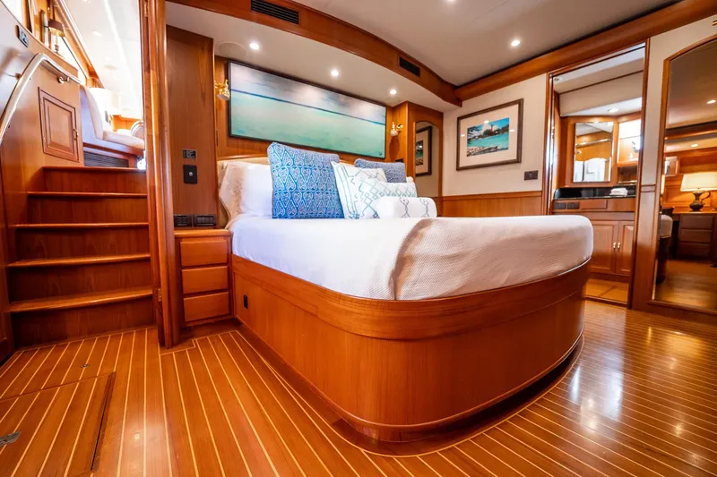 Beba Yacht Photos Pics Luxurious 2003 Fleming 75 yacht bedroom with elegant wood finish and modern decor.