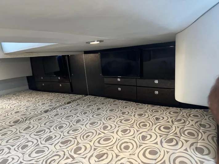 Sonatella Yacht Photos Pics 2017 Formula 400 Super Sport interior with patterned flooring and sleek cabinetry.