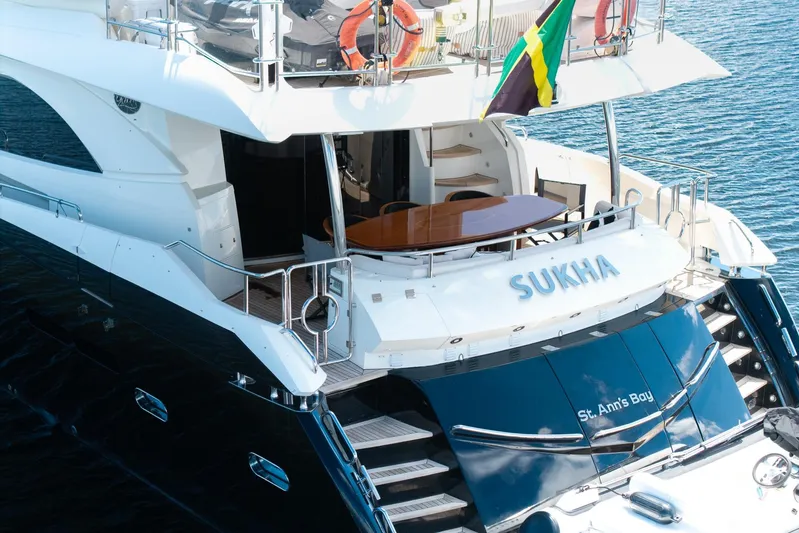 Sukha Yacht Photos Pics Sunseeker 90 Yacht 2008, named Sukha, docked with elegant design and spacious deck.