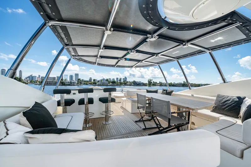 Sukha Yacht Photos Pics Luxurious 2008 Sunseeker 90 Yacht deck with seating, bar stools, and city skyline view.