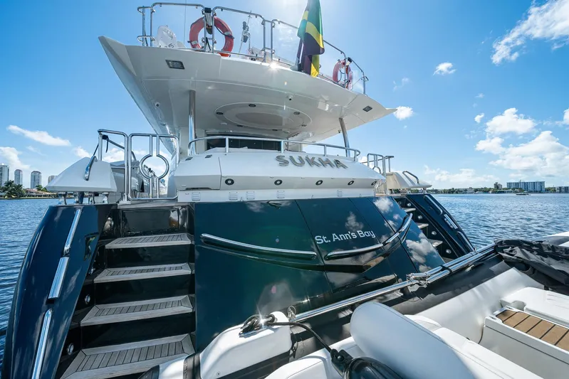 Sukha Yacht Photos Pics 2008 Sunseeker 90 Yacht on water, rear view, clear sky, luxury vessel.