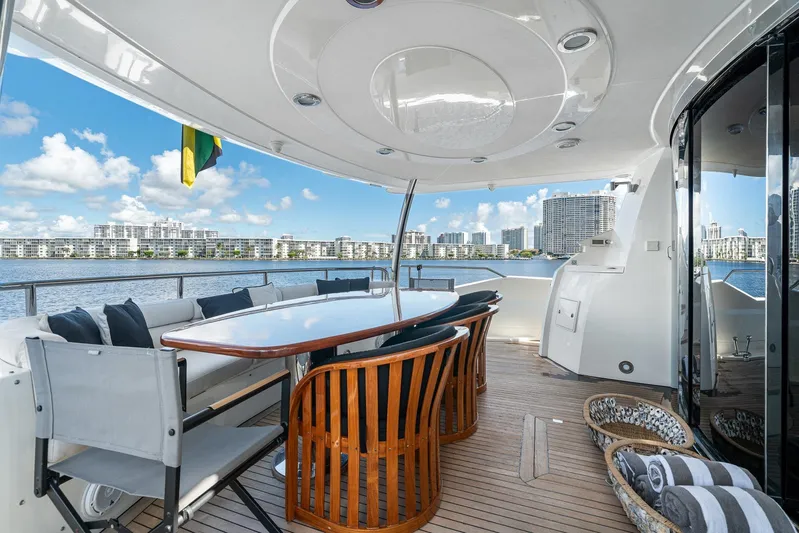 Sukha Yacht Photos Pics Luxurious 2008 Sunseeker 90 Yacht deck with elegant seating and stunning waterfront views.