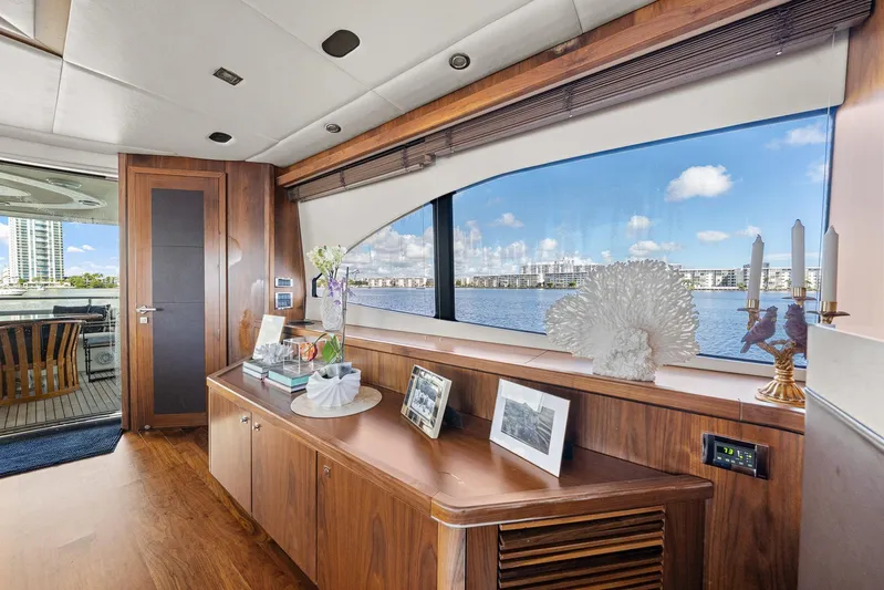 Sukha Yacht Photos Pics Luxurious interior of 2008 Sunseeker 90 Yacht with scenic ocean view.