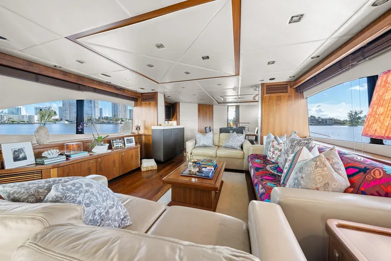 Sukha Yacht Photos Pics Luxurious interior of a 2008 Sunseeker 90 Yacht with elegant furnishings and scenic views.