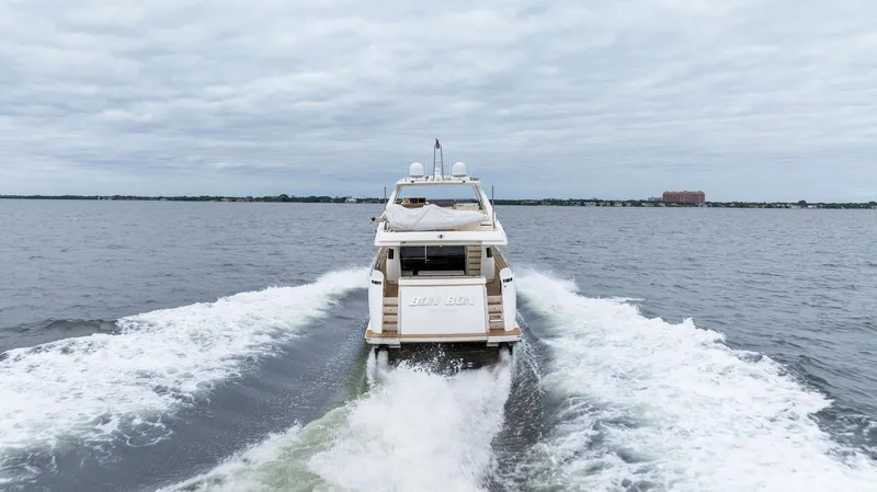 Bon Bon Yacht Photos Pics Ferretti Yachts 800, 2012 model, cruising on open water with wake trails.