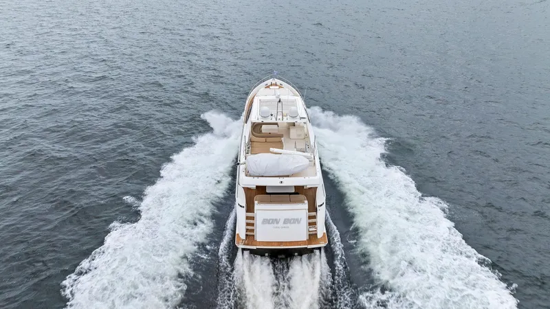 Bon Bon Yacht Photos Pics Ferretti Yachts 800, 2012 model, cruising on open water, aerial view.